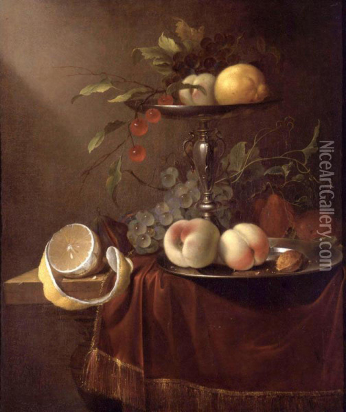 Still Life Of Peaches, Grapes And Cherries On A Silver Tazza, Together With Peaches On A Pewter Plate, A Lemon And Other Fruit All On A Draped Table Oil Painting - David Davidsz. De Heem