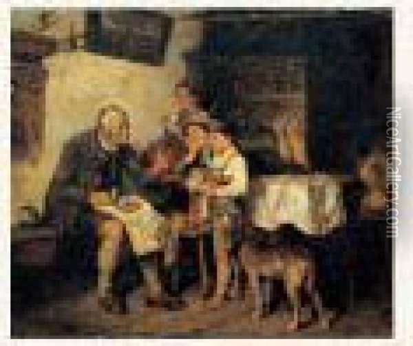 Scene Familiale, La Lecon Aux Jeunes Enfants Oil Painting - Adolf Eberle