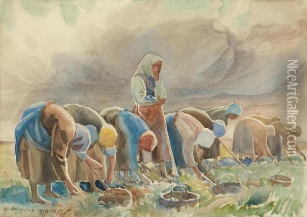In The Field. Beets Digging Oil Painting - Wladyslaw Skoczylas