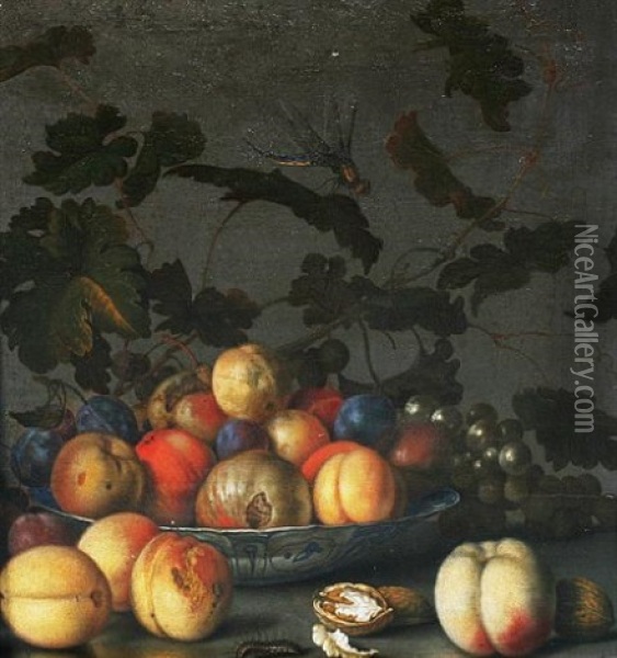 A Wan-li-kraak Bowl Of Fruit Beside Peaches, Walnuts, Plums And Grapes On A Wooden Table With A Caterpillar And A Dragonfly Oil Painting - Balthasar Van Der Ast