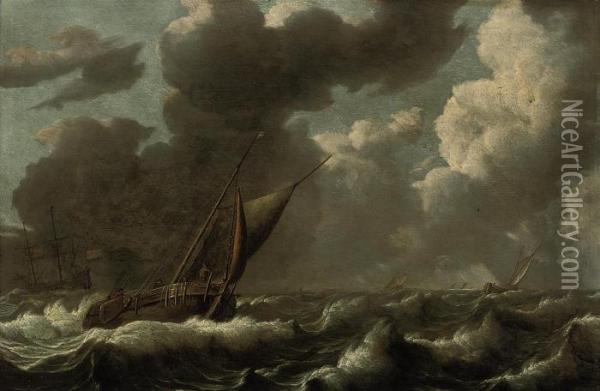 Dutch Shipping In Choppy Waters Oil Painting - Jacob Adriaensz. Bellevois