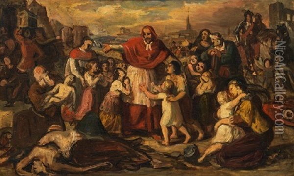 Graf Kolonitz, Bishop Of Neustadt, Leading The Children Of The Murdered Christian Prisoners Out Of The Camp Into The City After The Turkish Siege Of Vienna In 1683 Oil Painting - Carl Rahl