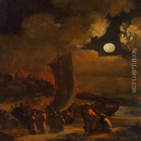 A Moonlitbeach With Figures By A Boat Oil Painting - Egbert van der Poel