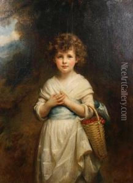 Portrait Of Moira Goff As A Child, Standing Ina Landscape Holding A Basket Of Cherries Oil Painting - Mary Lemon Waller