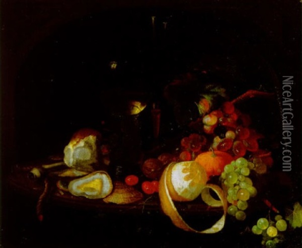 A Peeled Lemon, Two Caterpillars On Branches Among White And Red Grapes Oil Painting - Abraham Mignon