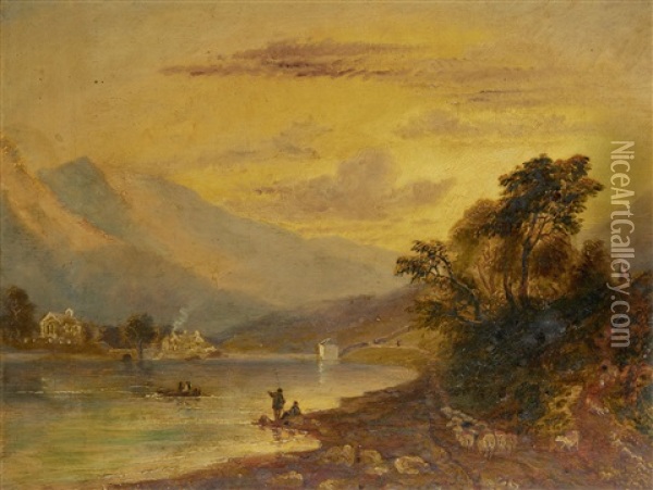 Fishermen On The Shores Of A Lake Oil Painting - Joseph Murray Ince