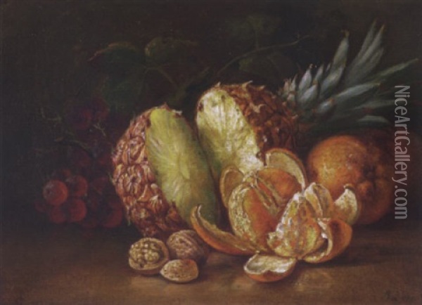 Still Life With Pineapple, Orange And Nuts Oil Painting - August Laux