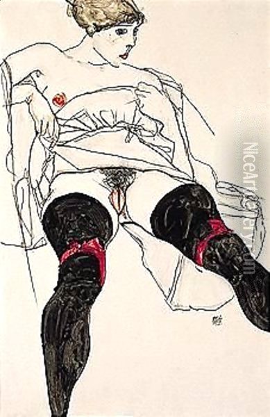 Reclining nude with black stockings Oil Painting - Egon Schiele