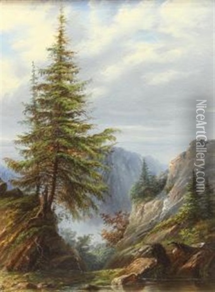 Stream With Mountain Vista Oil Painting - Albert Bierstadt
