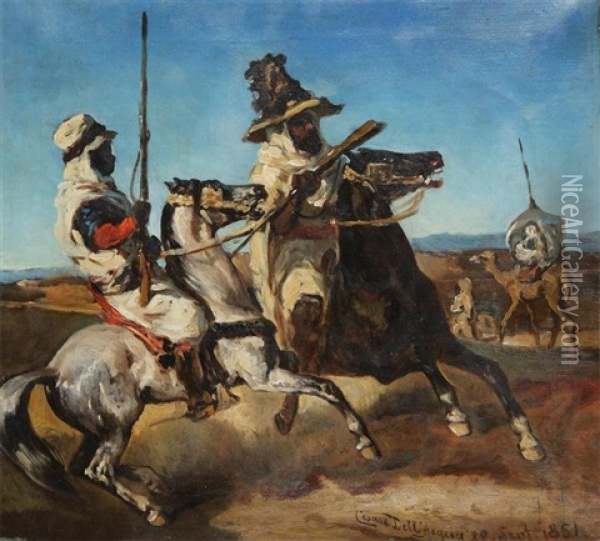 Arab Horsemen Oil Painting - Cesare Felix Georges dell' Acqua