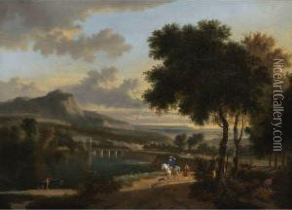 An Extensive Landscape With Travellers Oil Painting - Jan Hackaert