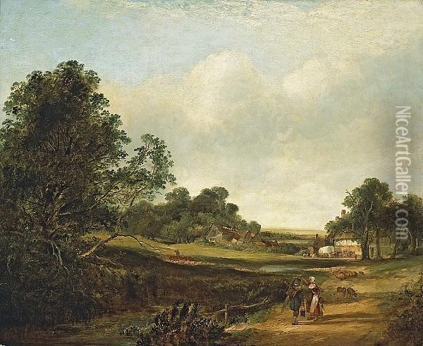 An Extensive Rural Landscape With Figures On Aroad And Farmhouses Beyond Oil Painting - Edward Charles Williams