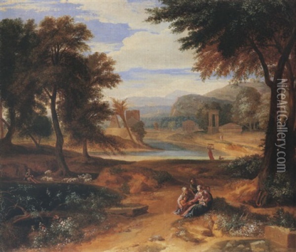 A Classical Landscape With The Holy Family, The Infant Saint John The Baptist And Saint Elizabeth Oil Painting - Francisque Millet
