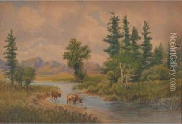 Cattle In A Stream Oil Painting - Thomas Mower Martin