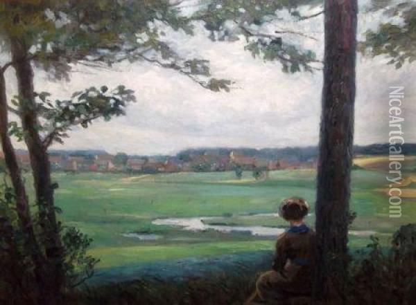Figure Looking Across Extensive Landscape Oil Painting - Florence A. Saltmer