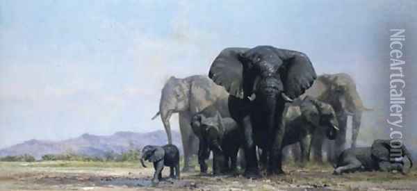 A herd of elephants at a watering hole Oil Painting - Thomas Hosmer Shepherd