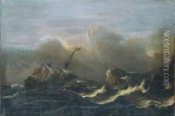 A Three-master In A Gale Off A Rocky Coast Oil Painting - Aernout Smit
