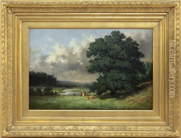 Landscape With Numerous Figures And A Winding River Oil Painting - Alfred Thompson Bricher