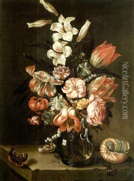 Bouquet De Fleurs Et Coquillage Sur Un Entablement Oil Painting - Jan Baptist Fornenburgh