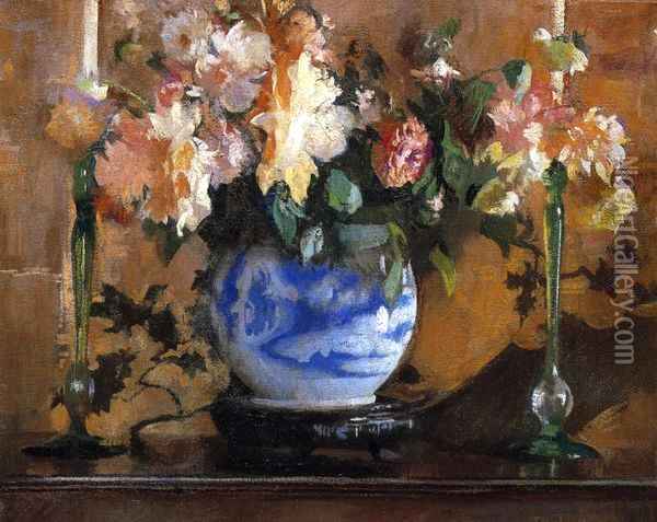 Flowers in a Blue Ginger Jar Oil Painting - Edmund Charles Tarbell