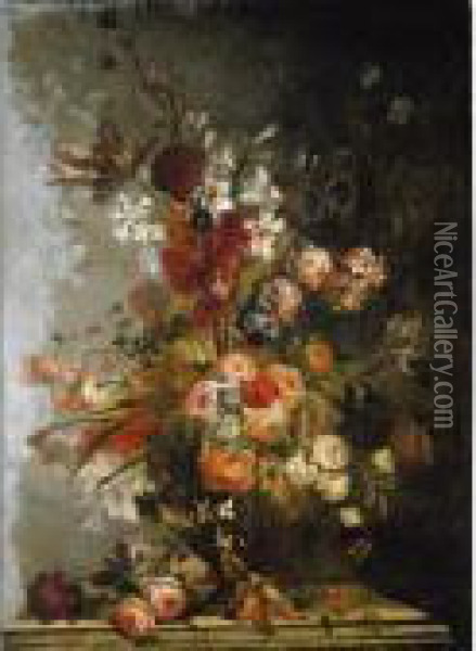 Still Life Of Roses, Lilies, 
Carnations, Tulips, Chrysanthemums And Other Flowers In An Urn Resting 
On A Stone Ledge Oil Painting - Karel Van Vogelaer, Carlo Dei Fiori