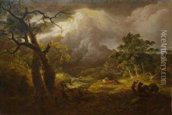 Herdsmen Driving Cattle In A Stormylandscape Oil Painting - Thomas Saut. Roberts