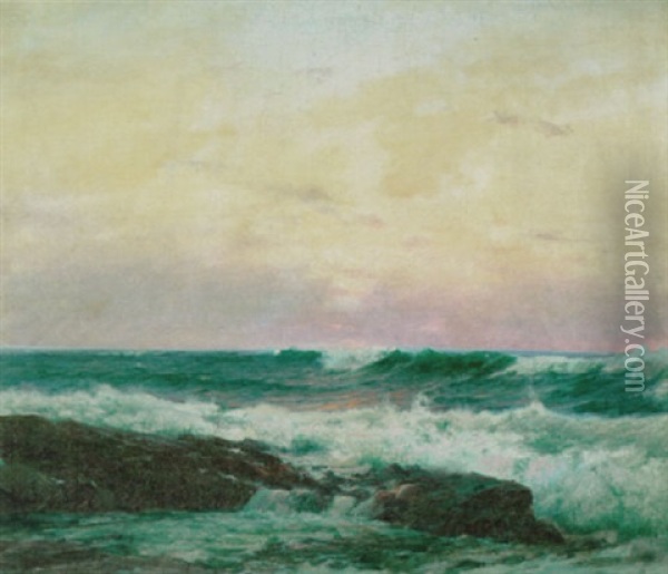 Solnedgang Over Havet Oil Painting - Peder Jacob Marius Knudsen