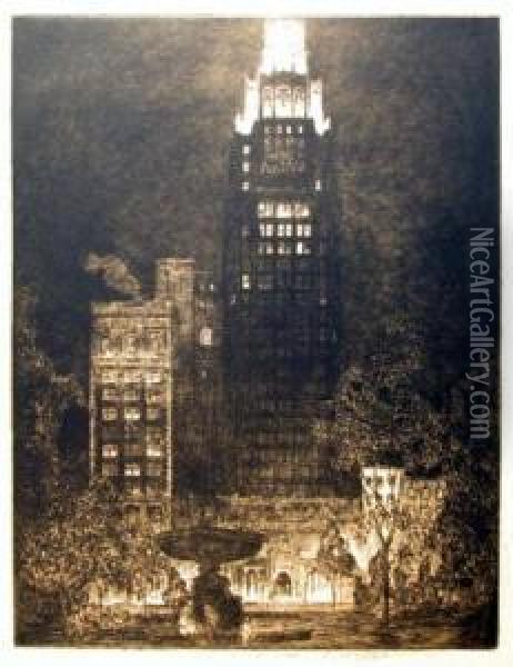 American Radiator Building At Night; Twilight, Bryant Park Oil Painting - Horace Devitt Welsh