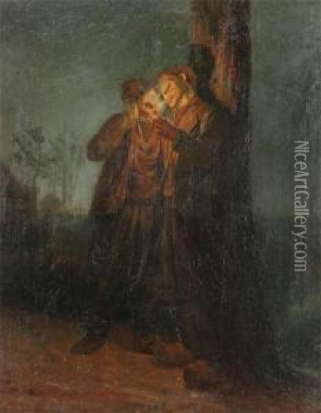 Two Boys Smoking Cigarets Under A Tree In Moonlight Oil Painting - Marten Melsen
