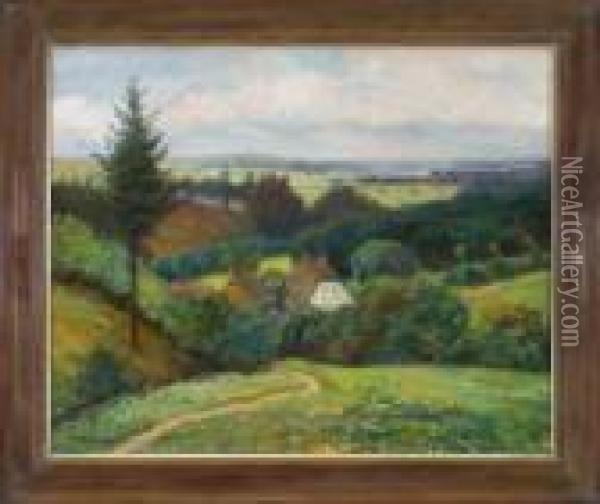 Weite Frankische Landschaft Mit Einem Gehoft Im Vordergrund Oil Painting - Hans Richard Von Volkmann