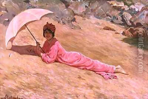 Girl lying on the beach with a pink parasol Oil Painting - Adolfo Belimbau