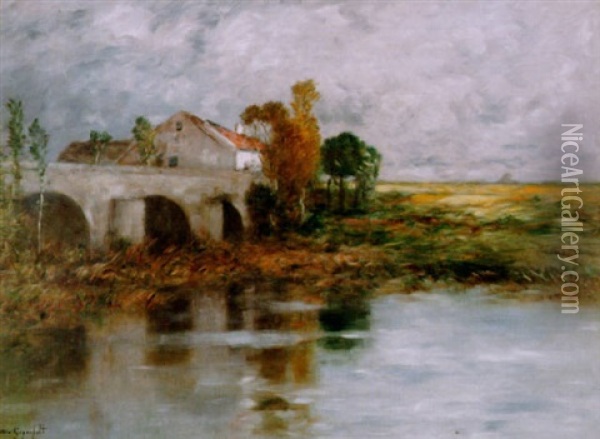 Landskap Med Byggnad Och Stenbro Vid Vatten Oil Painting - Wilhelm von Gegerfelt