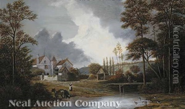 Cattle By A Farmyard Pond, A Manor House In The Distance Oil Painting - Philippe Regis de Trobriand
