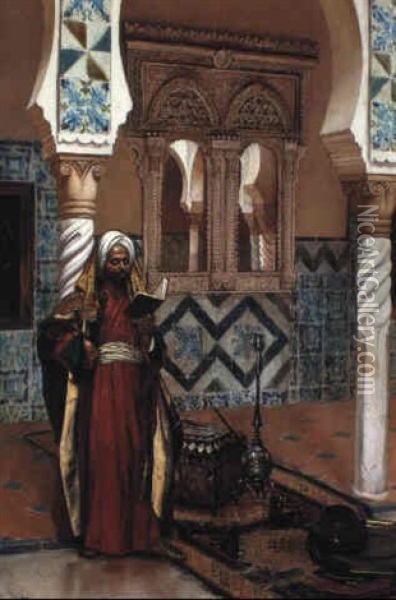 Arab Man Reading In A Mosuqe Oil Painting - Rudolf Ernst