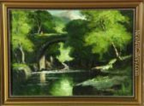 A Tree-lined River With A Figure Crossing A Bridge Oil Painting - Frank Thomas,francis Carter