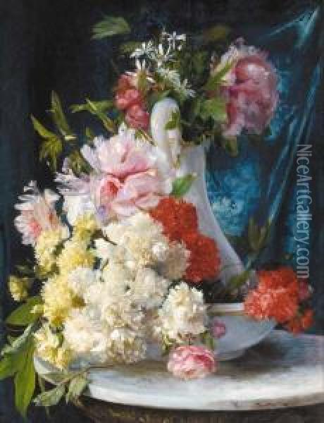 Summer Flowers In A Glass Pitcher And Bowl Oil Painting - Ricardo Marti