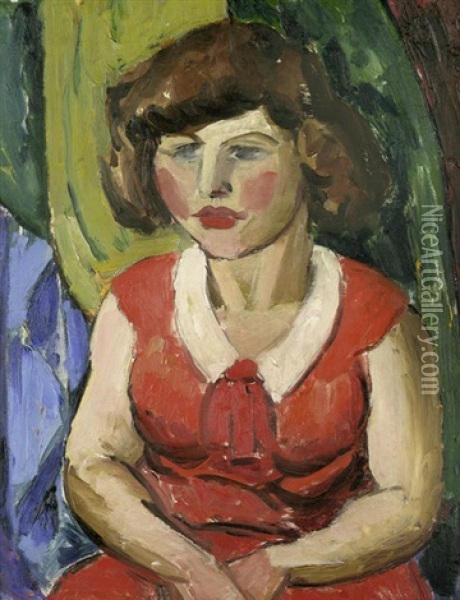 Madchen In Rotem Kleid Oil Painting - Ludwig Weninger