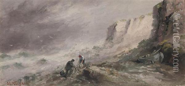 Unloading The Catch On A Stormy Day Oil Painting - S.L. Kilpack