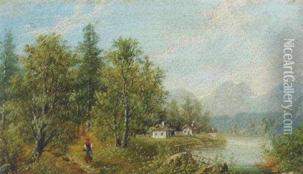 Bauernhauser An Einem Alpenfluss Oil Painting - Albert Rieger