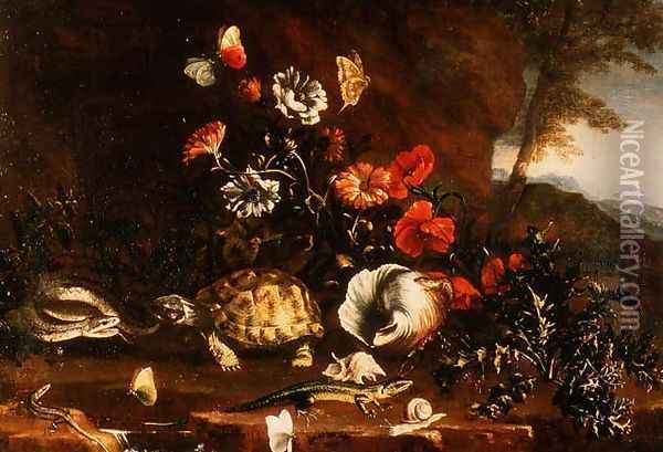 Thistles, Flowers, Reptiles and Butterflies Beside a Pool Oil Painting - Paolo Porpora
