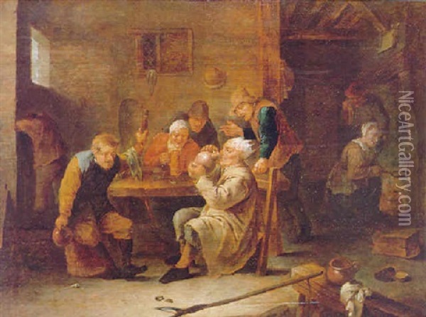A Tavern Interior With Topers Drinking, Seated Around A Table, A Maid Cooking In The Fireplace In A Room Beyond Oil Painting - Cornelis Mahu