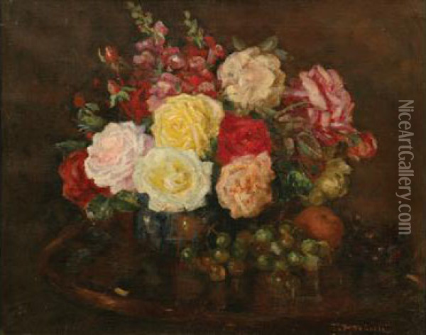 Still Life With Roses And Grapes Oil Painting - Tom Roberts