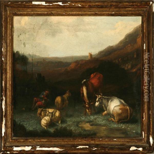 Landscape With A Herd And His Cattle Oil Painting - Nicolaes Berchem