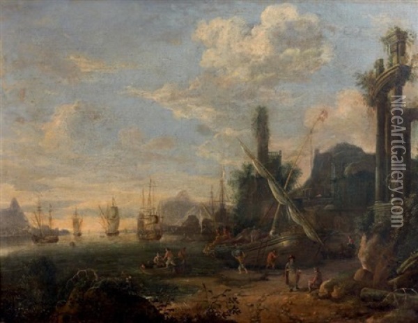 Dechargement D'un Navire Dans Un Port Mediterraneen Oil Painting - Hendrich van Minderhout