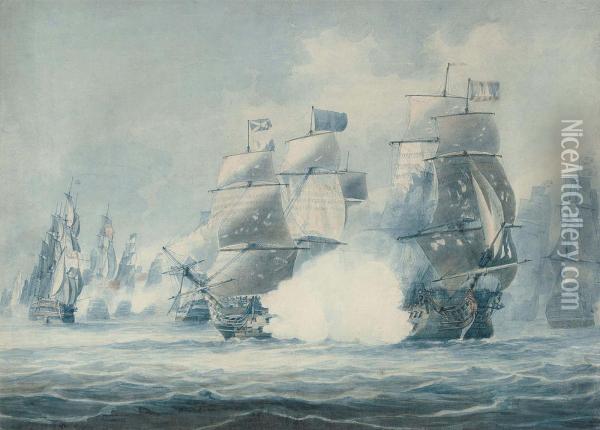 The Battle Of Cape St. Vincent, 14 
T 
H 
 February 1797: H.m.s. 
Victory 
 Raking The Spanish 
Salvador Del Mundo Oil Painting - Robert Cleveley