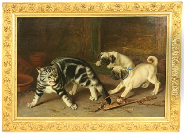 Twee Mopsen En Een Kat Met Staart In De Val Oil Painting - Horatio Henry Couldery