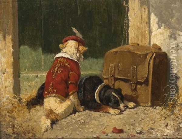 Zwei Zirkushunde Vor Ledertasche (chiens) Oil Painting - Vincent de Vos