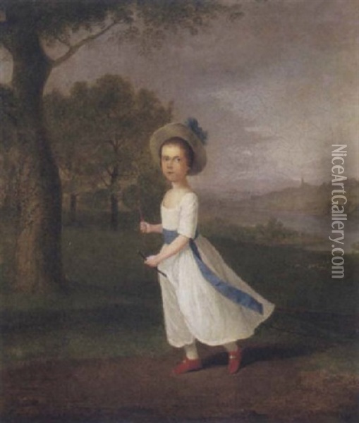 Portrait Of A Young Girl In An Extensive Landscape Wearing A White Dress With Blue Sash And Red Shoes Oil Painting - Arthur Devis