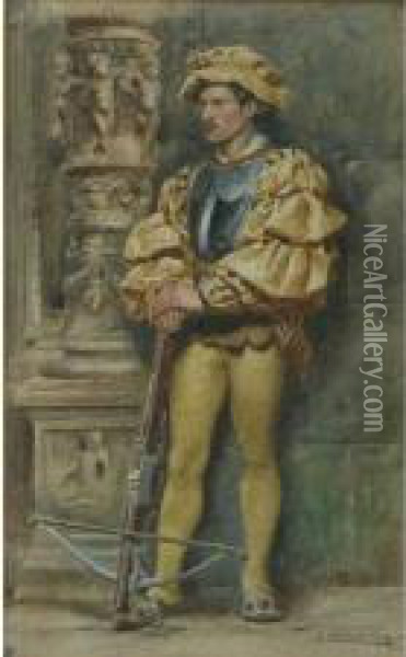 Elizabethan Soldier Beside A Carved Column Oil Painting - John Watkins