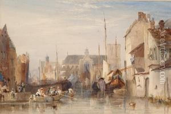 A Canal In A Continental Town Oil Painting - Samuel Austin